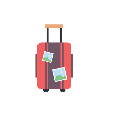 Travel suitcase wiht stickers - travel luggage icon - flat vector illustration isolated on white background.の写真素材
