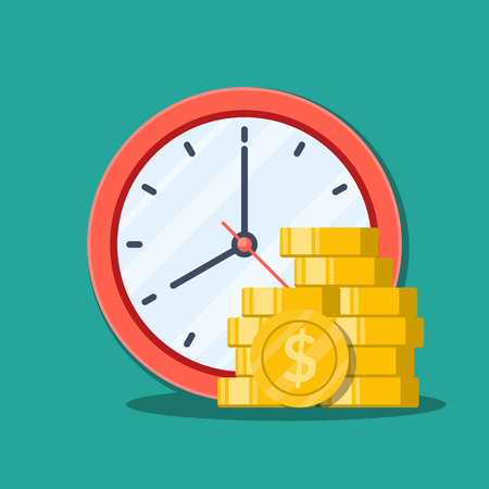 Time is money concept. Office clock and Money. Flat Vector Illustration isolated on green backgroundのイラスト素材