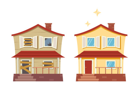 House before and after repair. Old run-down house remodeled into cute traditional suburban cottage. Isolated vector illustration, flat cartoon style.のイラスト素材