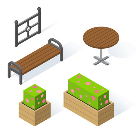 Set of decorative objects for the design of the park or the local area. Wooden bench and round table. Flower beds with flowers. Metal fence or fencing. Vector isolated isometric illustrationのイラスト素材