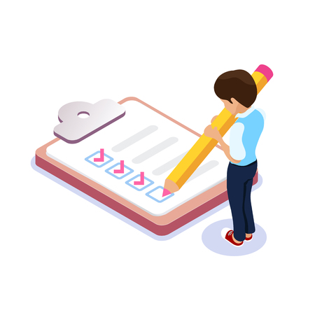 Isometric flat filling out checklist. Character with a pencil in his hands puts a tick in the list. Student or employee leaves notesのイラスト素材