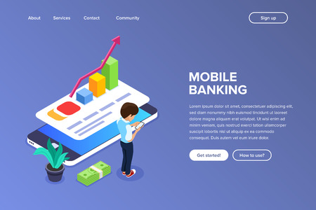 Isometric mobile banking concept. Man performs financial transactions using a mobile device over the Internet. Growth of exchange rates. Can use for web banner, infographics, hero images.のイラスト素材