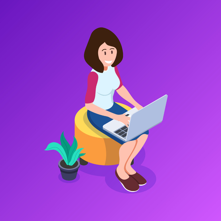 Isometric Best Freelancers Concept. A girl with a laptop works sitting on a upholstered furniture. Pluses of remote work. Can use for web banner, sites, infographics, print productsのイラスト素材