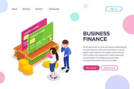 Isometric Business Finance Concept. Wallet with money, coins and bank cards. Financial department workers. Can use for web banner, sites, infographics, print productsのイラスト素材