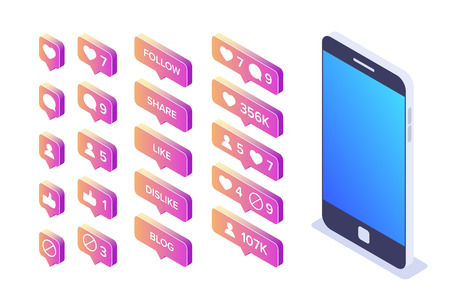 Love like comments isometric buttons set.  follow icons. Likes button, follower, blog. 3d vector set...