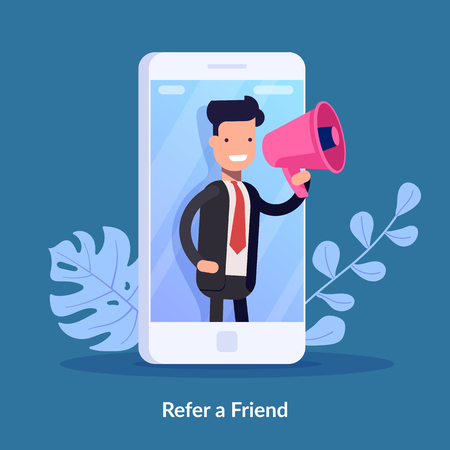 Refer a friend vector illustration concept. Digital business. People shout on megaphone with refer a friend word. Can use for landing page, template, ui, web, mobile app, poster banner or flyerのイラスト素材