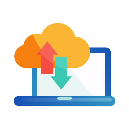Cloud storage flat icon. Data synchronization between laptop and cloud. The process of downloading files. Cloud technologyのイラスト素材