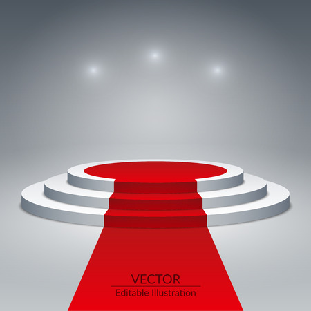 White round pedestal with red carpet and spotlights. Template on a gray background. Editable vector illustrationのイラスト素材
