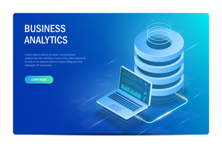 Business analytics concept. Cloud computing. Big data center. Data exchange between laptop and server. Modern hi tech vector illustration isometric styleのイラスト素材