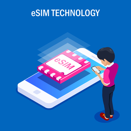 eSIM card chip sign. Embedded SIM concept. New mobile communication technology. People use mobile phone. Can use for web banner, infographics, hero images. Isometric vector illustration.のイラスト素材