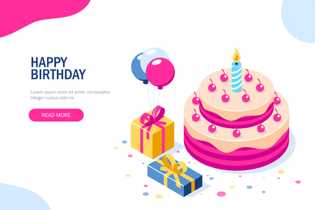 Happy Birthday 3d vector concept. Cake with a candle. Box with gifts and balloons. Can use for web banner, infographics, hero images. Flat isometric vector illustration.のイラスト素材