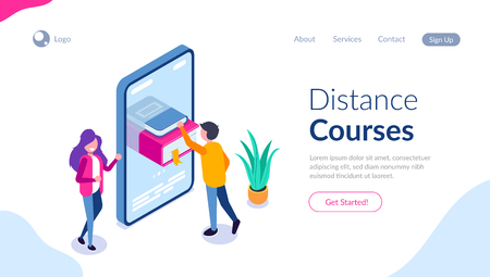 Distance courses isometric concept. Online library illustration for web. Man gets the literature on his mobile phone. Book in the smartphone.のイラスト素材