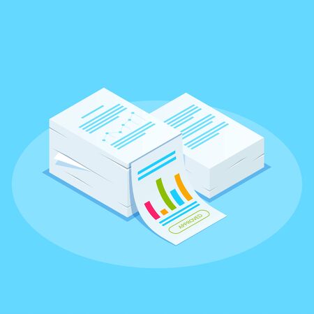 Isometric stack of documents with an approved stamp. Can use for web banner, infographics, hero...