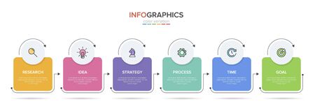 Concept of arrow business model with 6 successive steps. Six colorful graphic elements. Timeline design for brochure, presentation. Infographic design layout.のイラスト素材