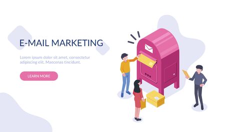 People Characters Stand Near a Large Mailbox and Send Letters. A man and a woman are holding a mail envelope. The concept of email marketing. Flat isometric vector illustrationのイラスト素材