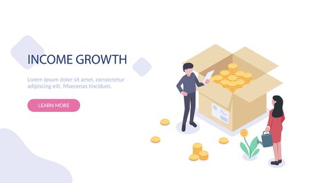 People characters stand near boxes with coins and money. The concept of increasing revenue growth and profits. Woman is watering a money tree. Man puts coins into a box. Flat vector isometric.のイラスト素材