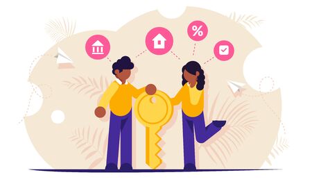 Happy family stands with the key to their new home or apartment. Concept of a mortgage loan for the banking sector. Modern flat illustration.のイラスト素材