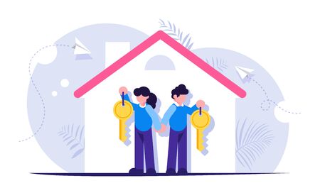 Happy family with keys to a new home. Illustration on the topic of mortgage lending. Silhouette of the house with the tenants. Modern flat illustration.のイラスト素材