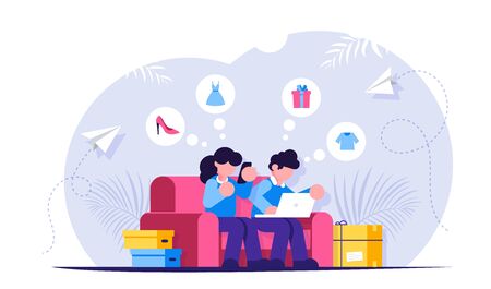 Online shopping. Girl and a guy are sitting on the couch with a laptop and a phone in their hands. Shopping at an online store. Shopping boxes. Vector isolated illustrationのイラスト素材