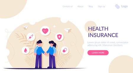 Health insurance or healthcare concept. People hold hands against the background of medical icons. Modern flat vector illustration. Landing web page templateのイラスト素材