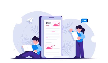 Create content concep. People are working on creating information al-information posts on social networks or news sites. Modern flat vectro illustration.のイラスト素材