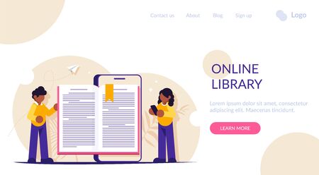 Concept of an online library. Book on the mobile phone screen. People reading a book. Distance learning. Modern flat vector illustration.のイラスト素材