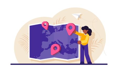 Concept of choosing trip destination, international touristic service for travelling abroad, location for tourism. Woman placing location mark or pin on world map. Modern flat vector illustration.のイラスト素材