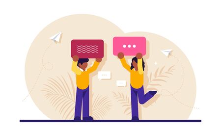 Concept of internet communication, instant messaging, chatting, online conversation on social network. People holding speech bubble or message notification. Modern flat vector illustrationのイラスト素材