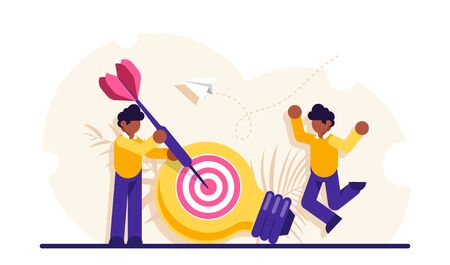 Concept of marketing idea generation, business innovation, creativity, goal achievement. People with a dart strikes a target. Modern flat vector illustrationのイラスト素材