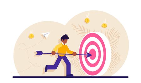 Concept of market goal achievement, financial aim. Character, office worker or clerk poking center of shooting target with arrow. Modern flat illustration.のイラスト素材