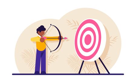 Concept of market target, business goal, achievement strategy, attaining financial objective. Archer or bowman holding bow and arrow, aiming and shooting. Modern flat illustration.のイラスト素材