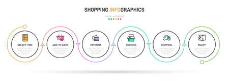 Concept of shopping process with 6 successive steps. Six colorful graphic elements. Timeline design for brochure, presentation, web site. Infographic design layoutの写真素材