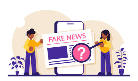 Fake news concept. Man and a woman view news articles on a smartphone screen. Check the information. Modern flat illustration.のイラスト素材