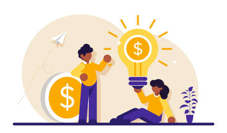 Business concept. Young businessman and businesswoman. Team success. An idea that generates revenue. A coin with a dollar. Modern flat illustration.のイラスト素材