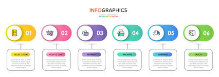 Concept of shopping process with 6 successive steps. Six colorful graphic elements. Timeline design for brochure, presentation, web site. Infographic design layout.の写真素材