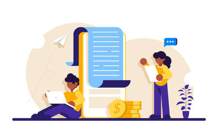 Payment notification, contract conclusion. Banking, electronic Mobile payment. People standing near big mobile phone. Modern flat illustration.のイラスト素材