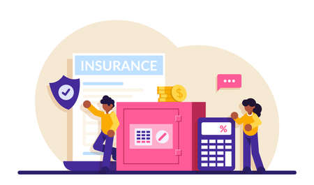 Insurance payment concept. People stand near the safe for money and calculator of calculation of insurance payments. Financial services. modern flat illustration.のイラスト素材