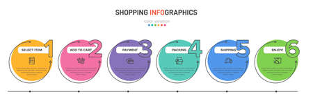 Concept of shopping process with 6 successive steps. Six colorful graphic elements. Timeline design for brochure, presentation, web site. Infographic design layout.のイラスト素材