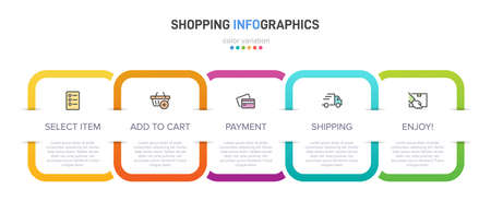 Concept of shopping process with 5 successive steps. Five colorful graphic elements. Timeline design for brochure, presentation, web site. Infographic design layout.の写真素材