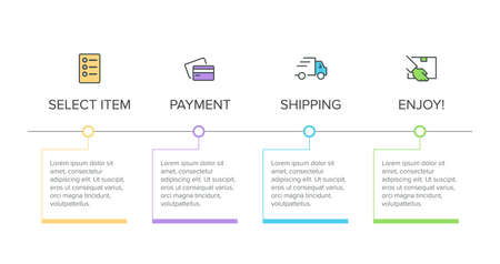 Concept of shopping process with 4 successive steps. Four colorful graphic elements. Timeline design for brochure, presentation, web site. Infographic design layout.のイラスト素材