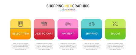 Concept of shopping process with 5 successive steps. Five colorful graphic elements. Timeline design for brochure, presentation, web site. Infographic design layout.のイラスト素材