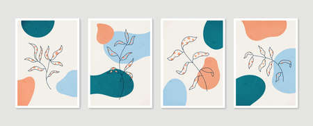 Botanical wall art set. Minimal and natural wall art. Boho foliage line art drawing with abstract shape. Abstract Plant Art design for print, wallpaper, cover. Modern illustration.の写真素材