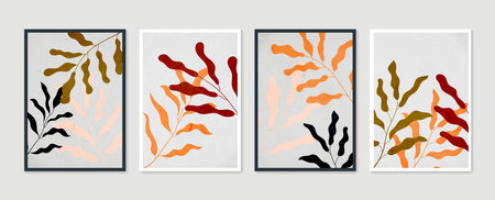 Botanical wall art vector set. Minimal and natural wall art. Boho foliage line art drawing with abstract shape. Abstract Plant Art design for print, wallpaper, cover. Modern vector illustration.のイラスト素材