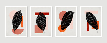 Botanical wall art vector set. Minimal and natural wall art. Boho foliage line art drawing with abstract shape. Abstract Plant Art design for print, wallpaper, cover. Modern vector illustration.のイラスト素材