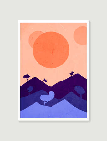 Mountain wall art. Vector earth tones landscapes backgrounds set with moon and sun. Abstract arts design for wall framed prints, poster, cover, home decor, canvas prints, wallpaper.のイラスト素材