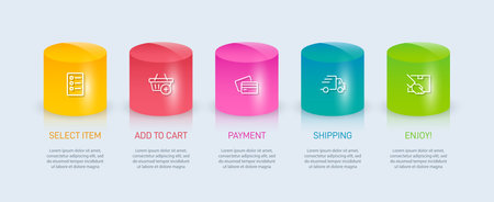Concept of shopping process with 5 successive steps. Five colorful graphic elements. Timeline design for brochure, presentation, web site. Infographic design layout.のイラスト素材