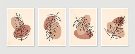 Botanical wall art vector set. Minimal and natural wall art. Boho foliage line art drawing with abstract shape. Abstract Plant Art design for print, wallpaper, cover. Modern vector illustration.のイラスト素材