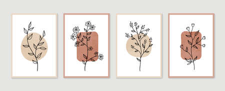 Botanical wall art vector set. Minimal and natural wall art. Boho foliage line art drawing with abstract shape. Abstract Plant Art design for print, wallpaper, cover. Modern vector illustration.のイラスト素材