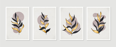 Botanical wall art vector set. Minimal and natural wall art. Boho foliage line art drawing with abstract shape. Abstract Plant Art design for print, wallpaper, cover. Modern vector illustration.のイラスト素材