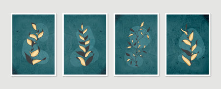 Botanical wall art vector set. Minimal and natural wall art. Boho foliage line art drawing with...